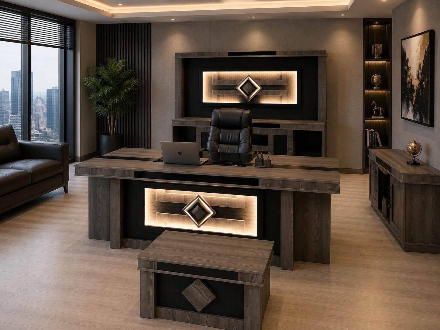 Matrix Gri Ahşap ve LED Aydınlatmalı Makam Takımı