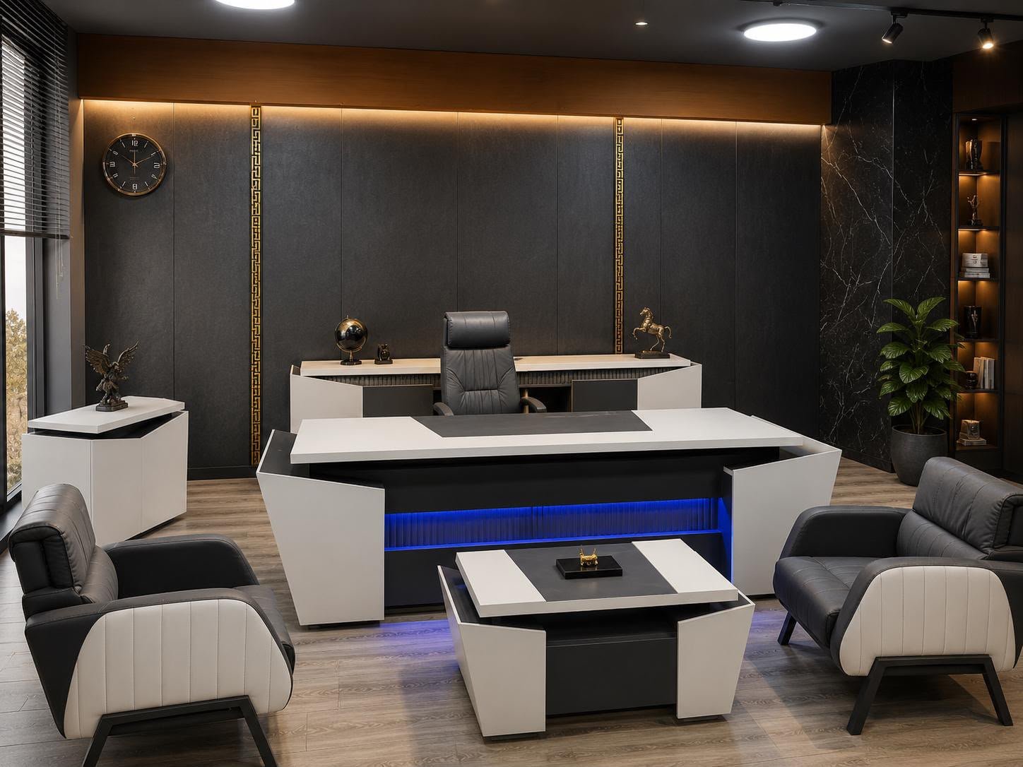Cyber Beyaz ve Antrasit LED Aydınlatmalı Makam Takımı