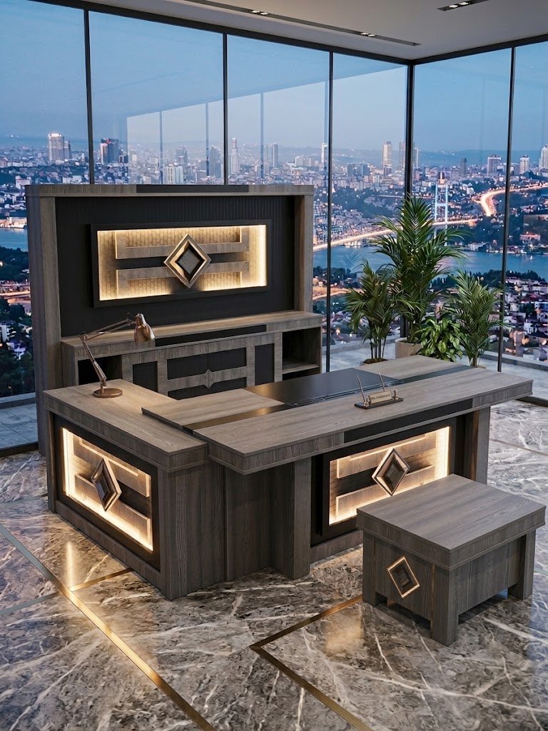 Matrix L Etajerli Gri Ahşap ve LED Yönetici Takımı