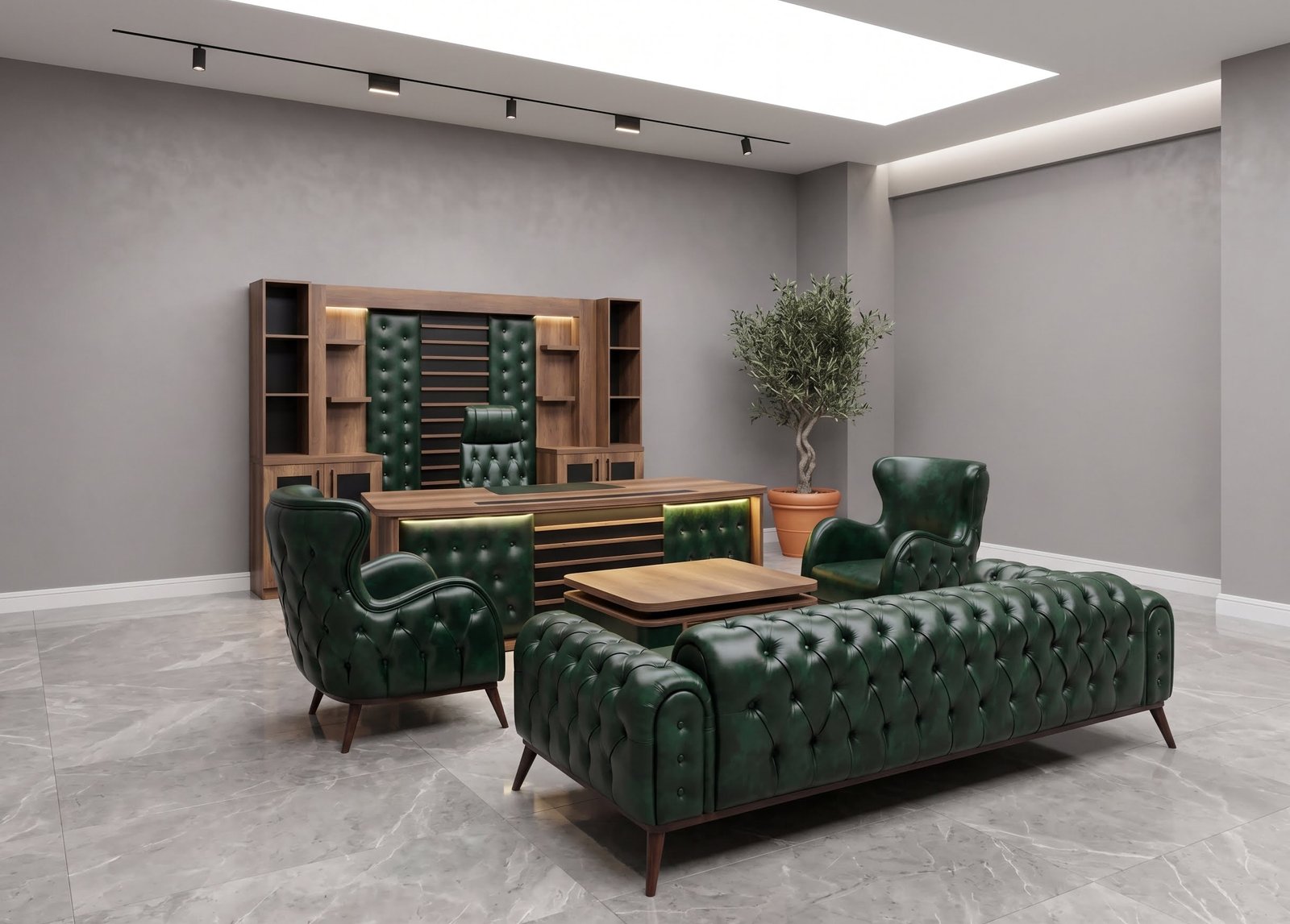 Emerald Yeşil Deri ve Kapitone LED Makam Takımı