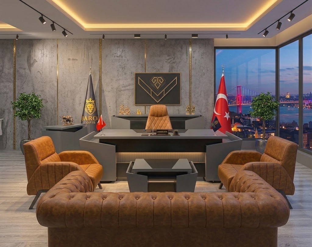 Baron Modern Gri ve Konyak Deri Makam Takımı