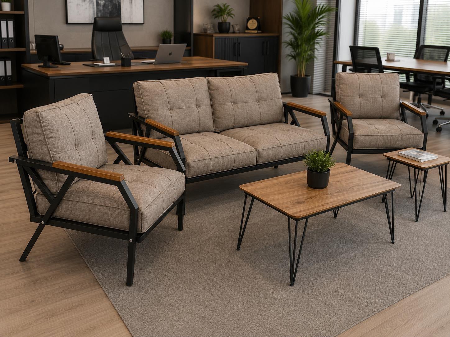 Nordik Loft Metal İskeletli Keten Kumaş Ofis Koltuk Takımı