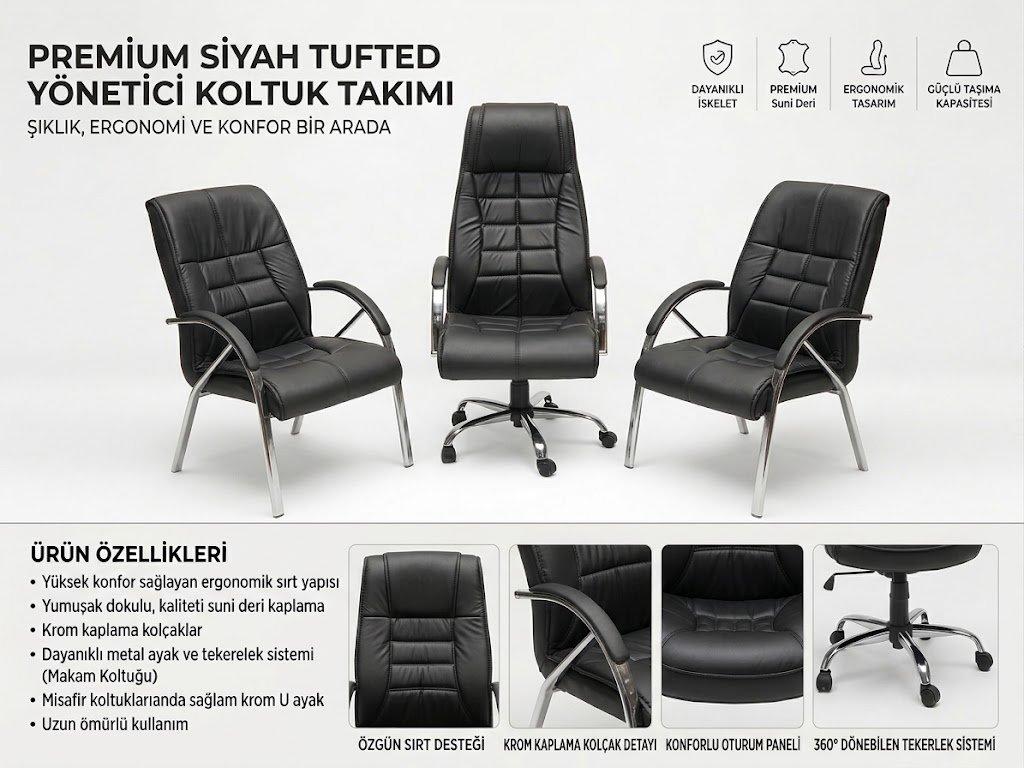Premium Siyah Tufted Yönetici Koltuk Takımı